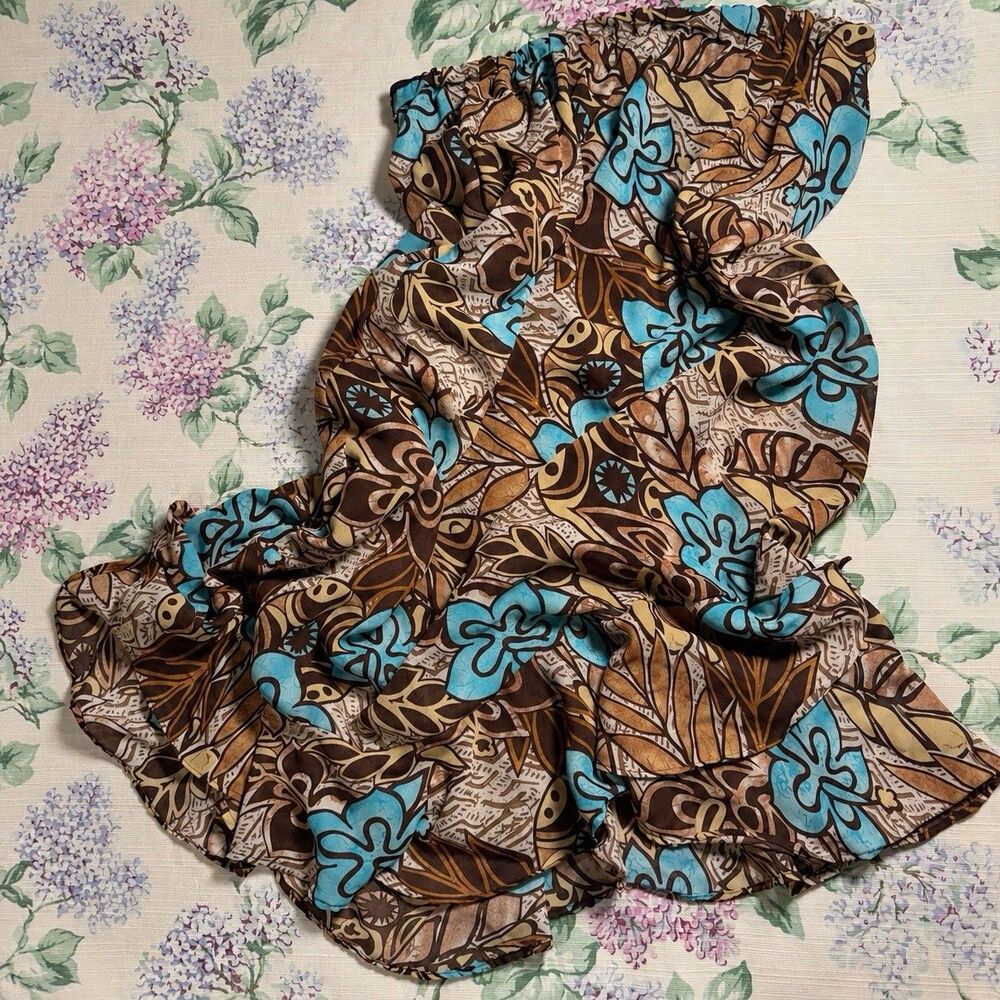 Floral Ruffle Rectangle Scarf Brown Blue Black Polyester Machine Wash